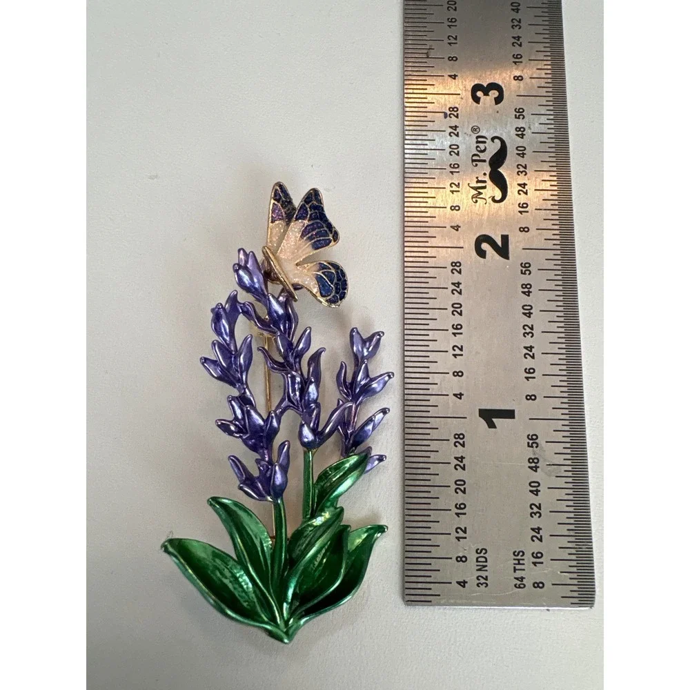 Lavender Flower Enamel Brooch Butterfly Purple Floral Pin‎ Gold Vintage Style